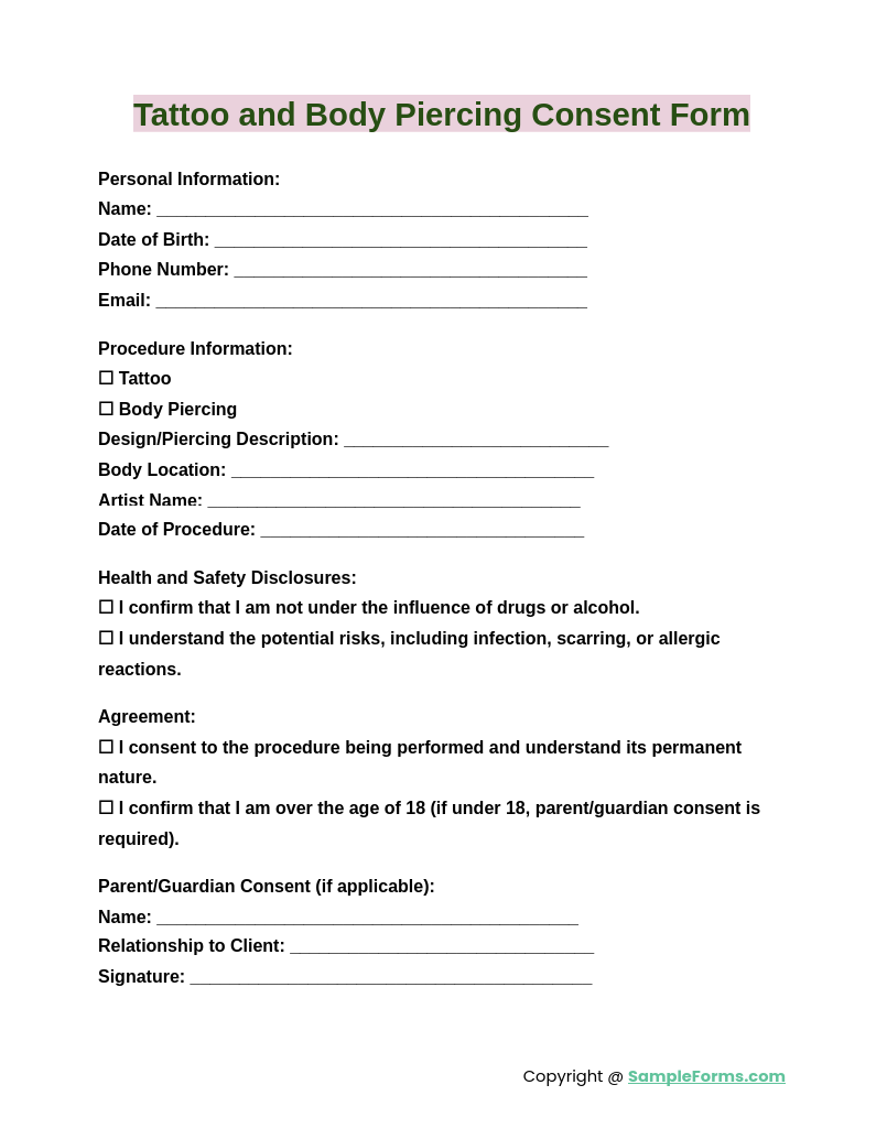 Printable Tattoo Consent Form