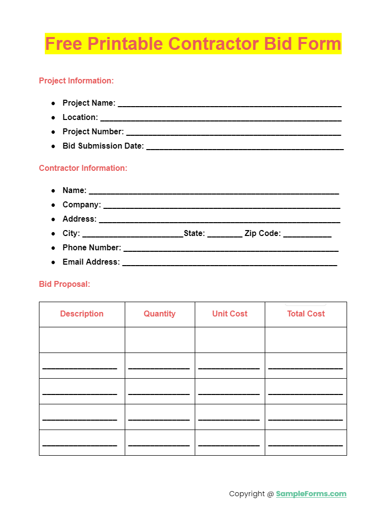 Pdf Free Printable Contractor Bid Forms