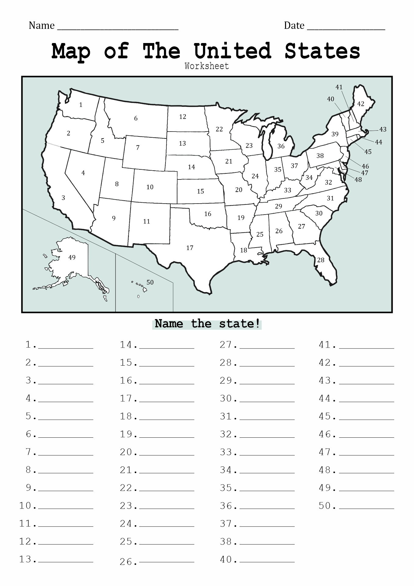 Free Printable 50 States Worksheets
