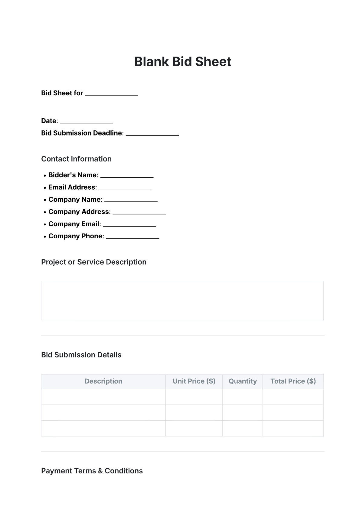 Free Bid Sheet Templates Editable And Printable