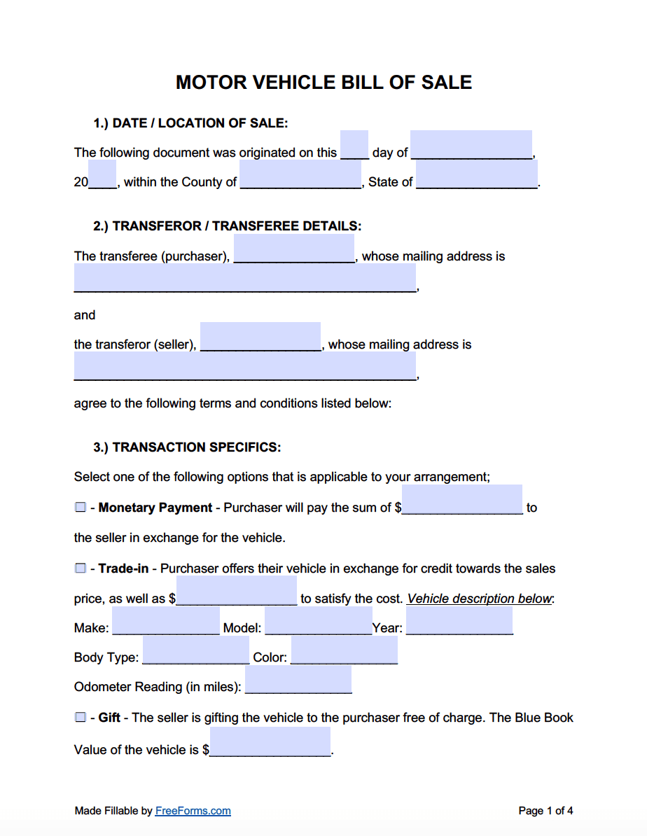 Printable Automobile Bill Of Sale Form