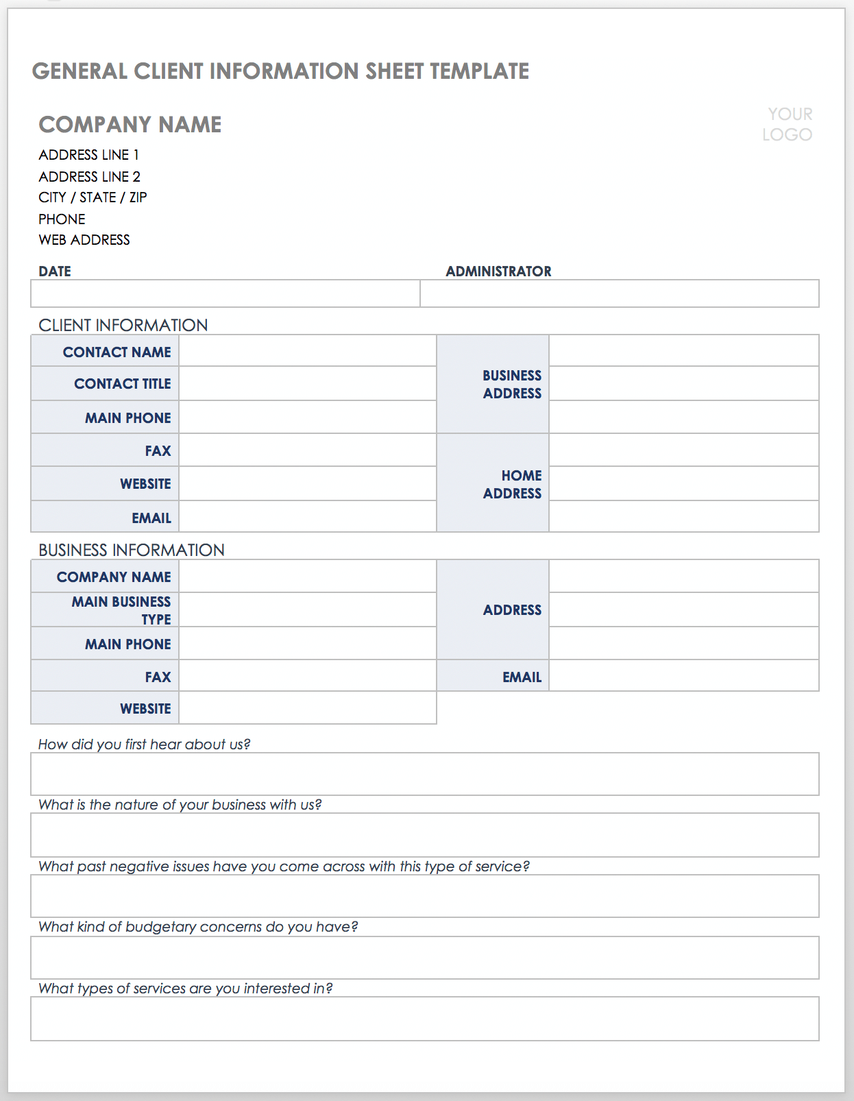 Basic Contact Information Sheet Template Printable
