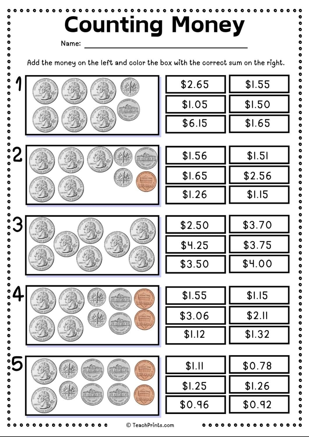 free counting money and coins worksheets teach prints