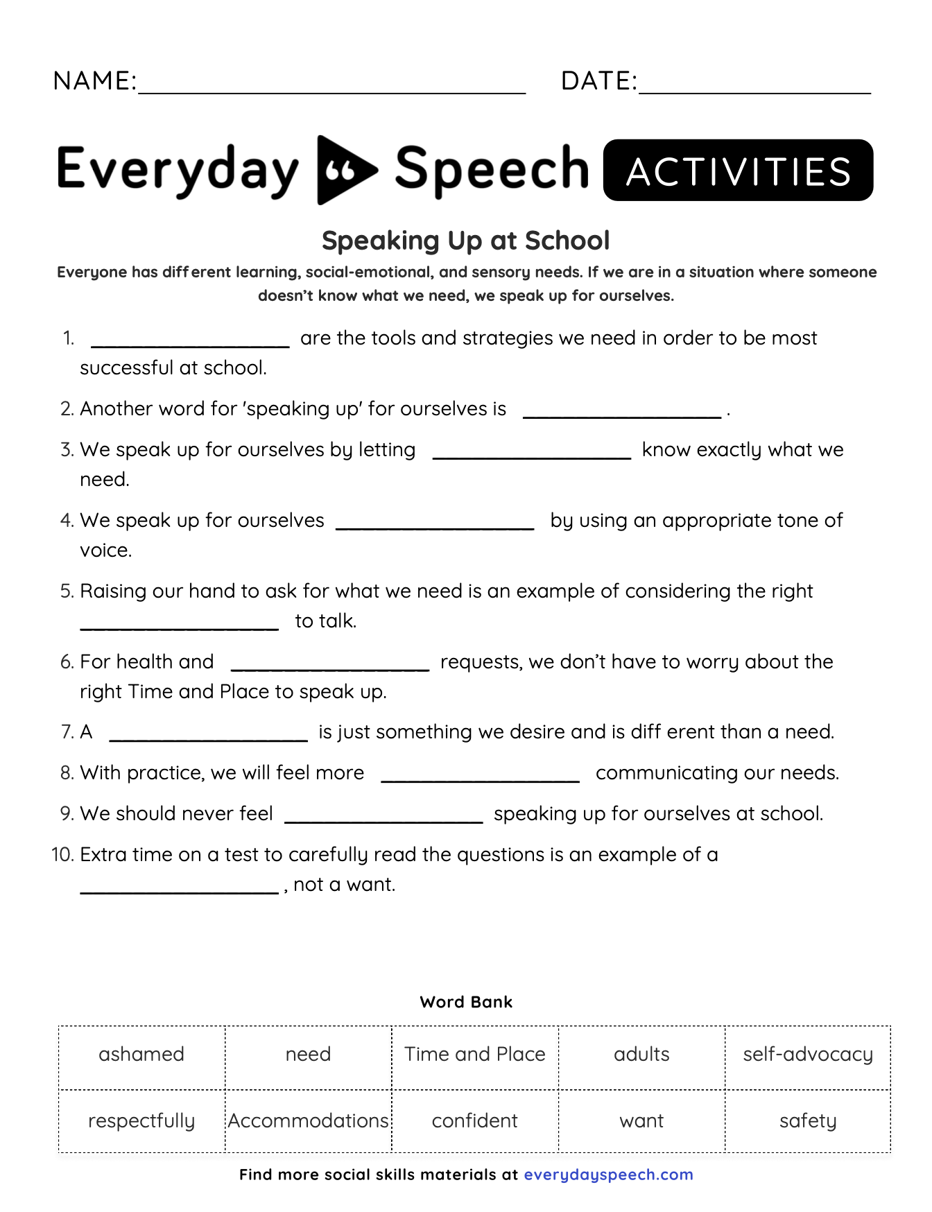 Free Printable Self-Advocacy Worksheets