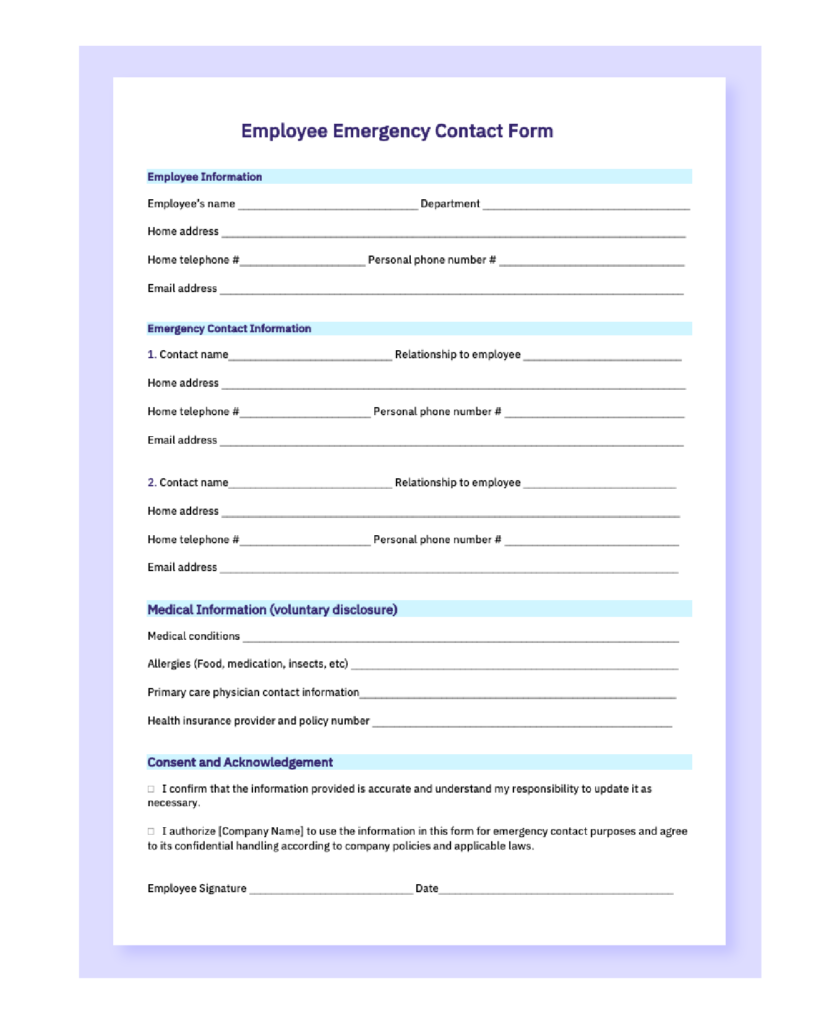 Printable Emergency Contact Form