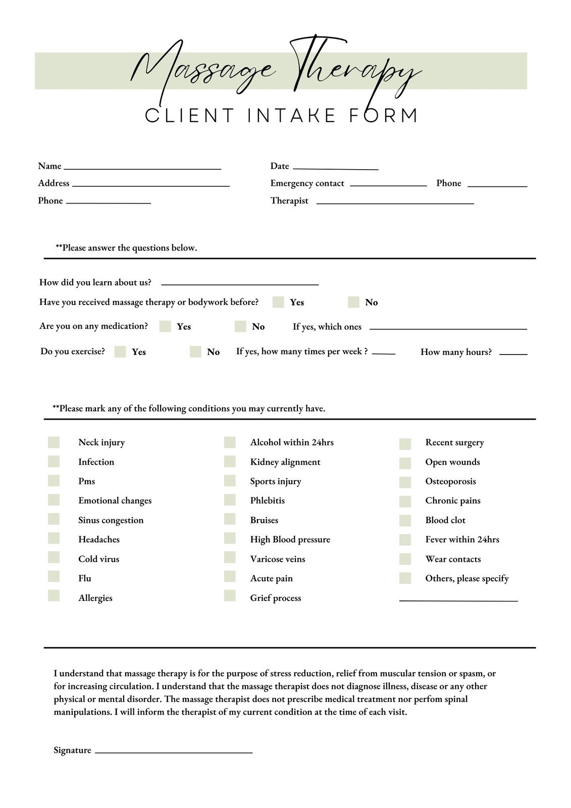 Printable Pdf Printable Massage Intake Form