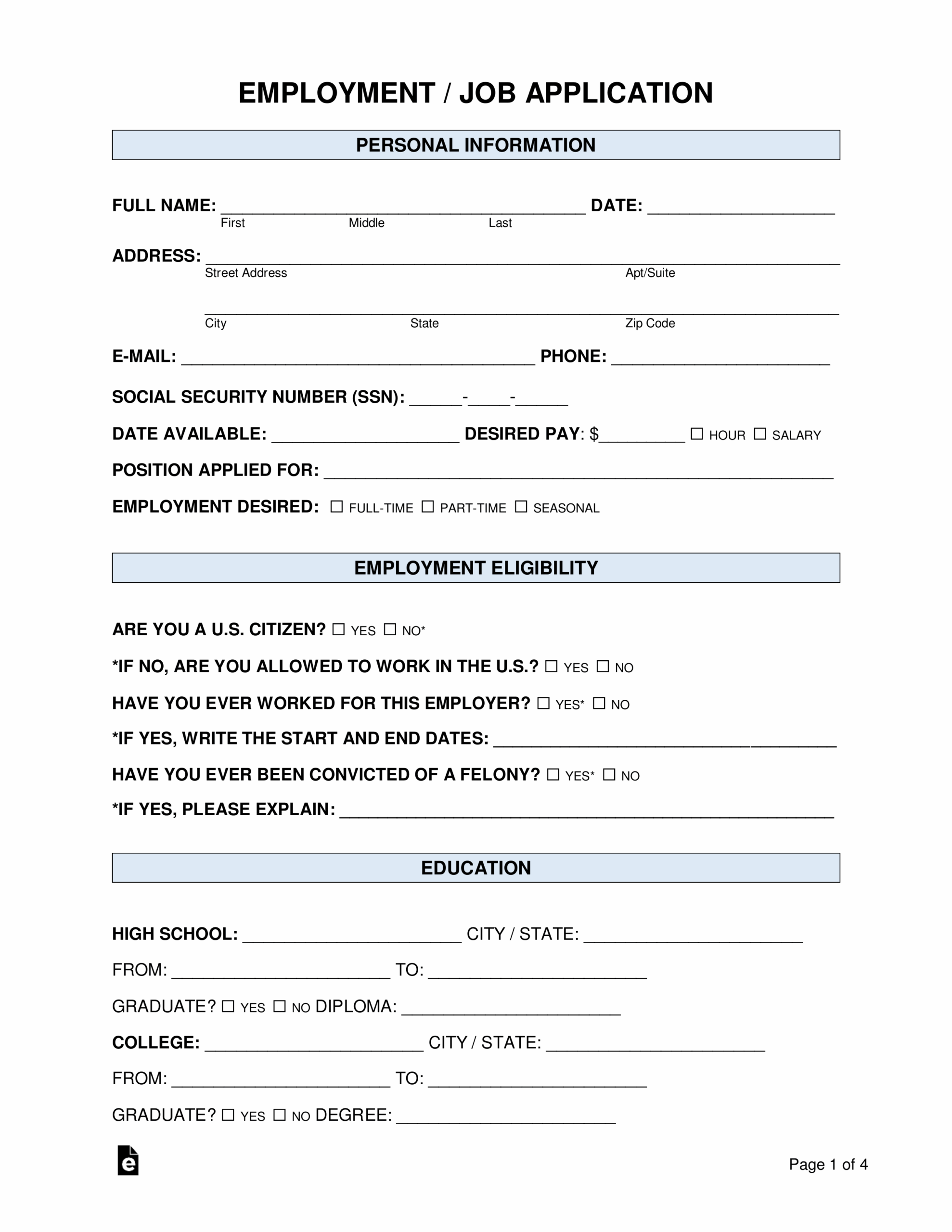 Free Job Application Form standard Template PDF Word EForms Worksheets Library