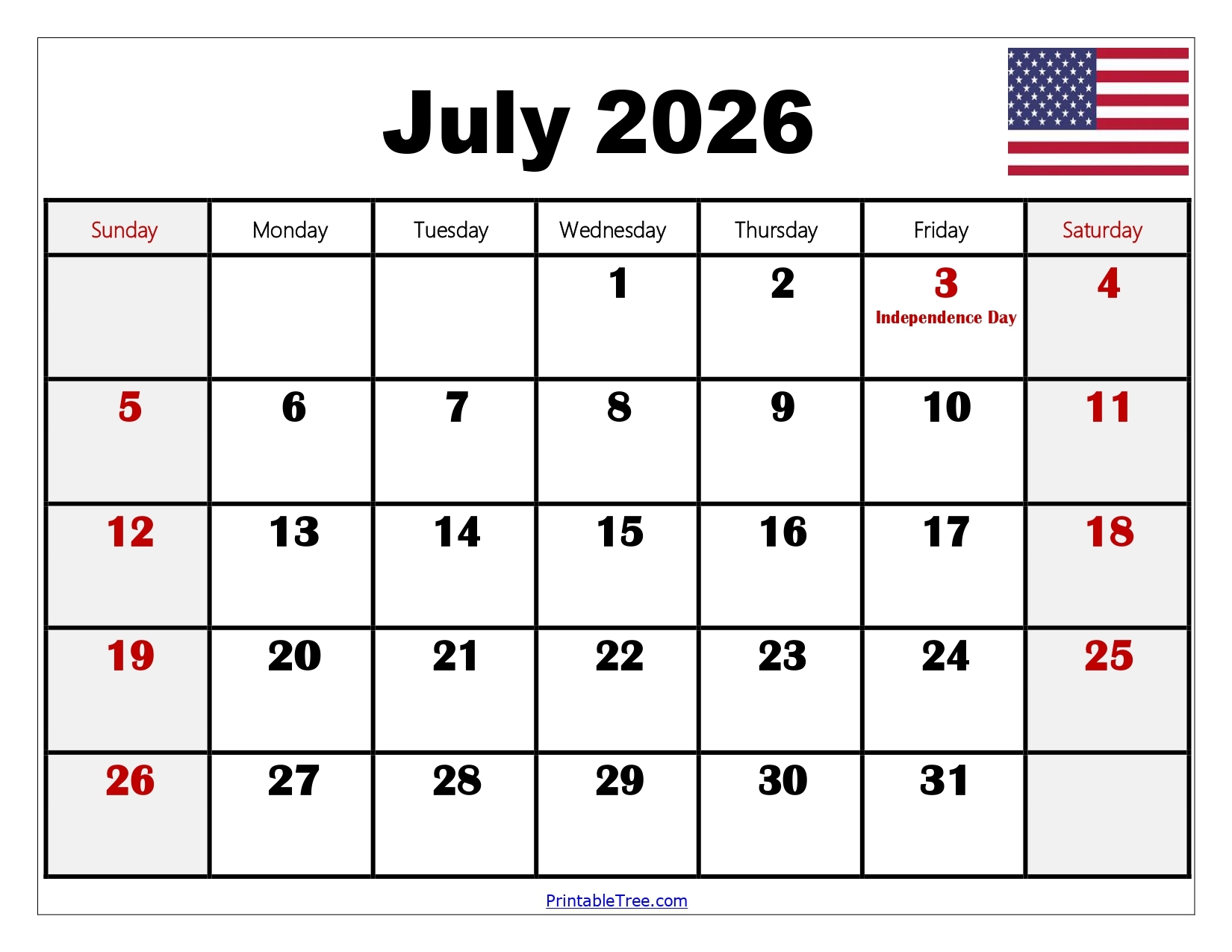 free july 2026 calendar printable pdf with holidays template