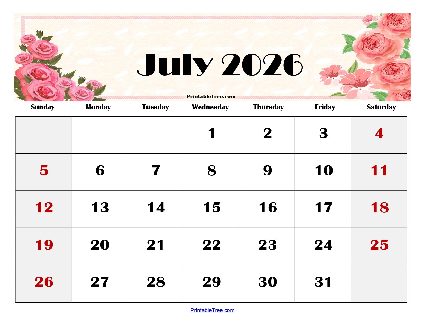 2026 July Calendar Printable