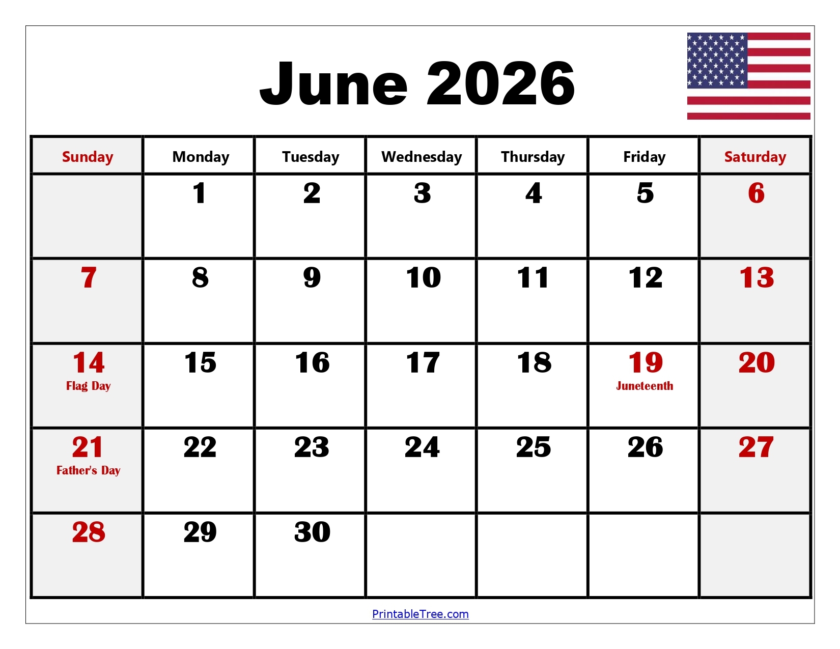 free june 2026 calendar printable pdf with holiday templates
