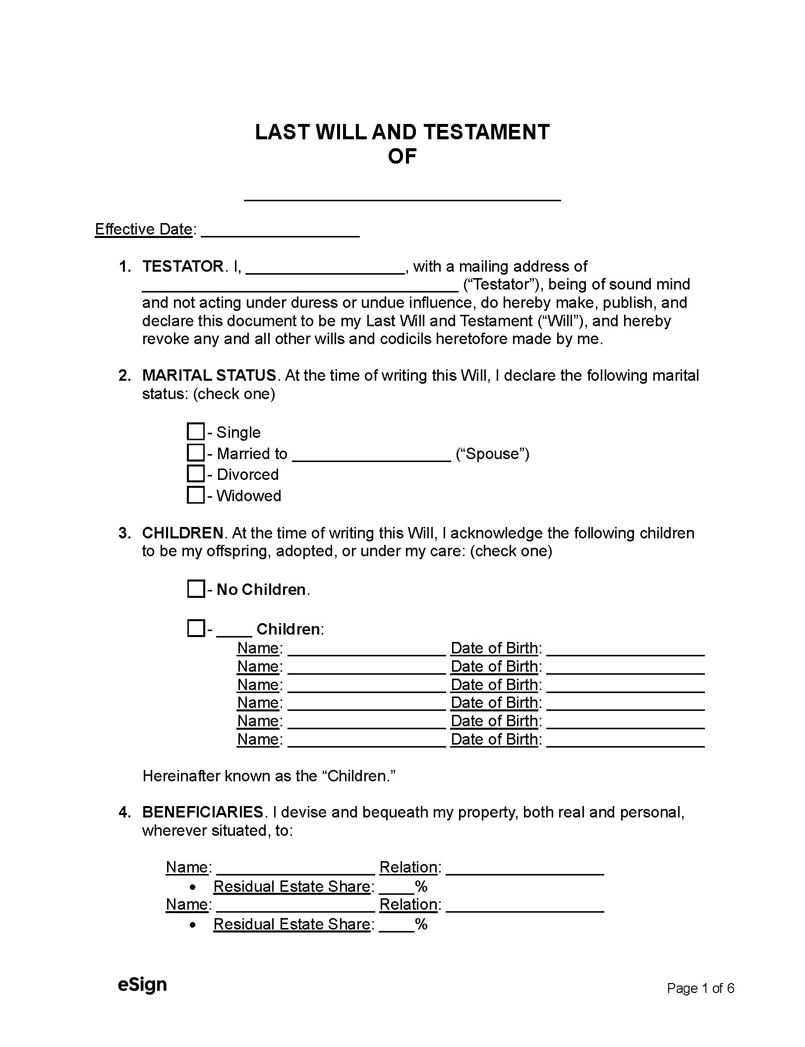 Printable Will Forms Free