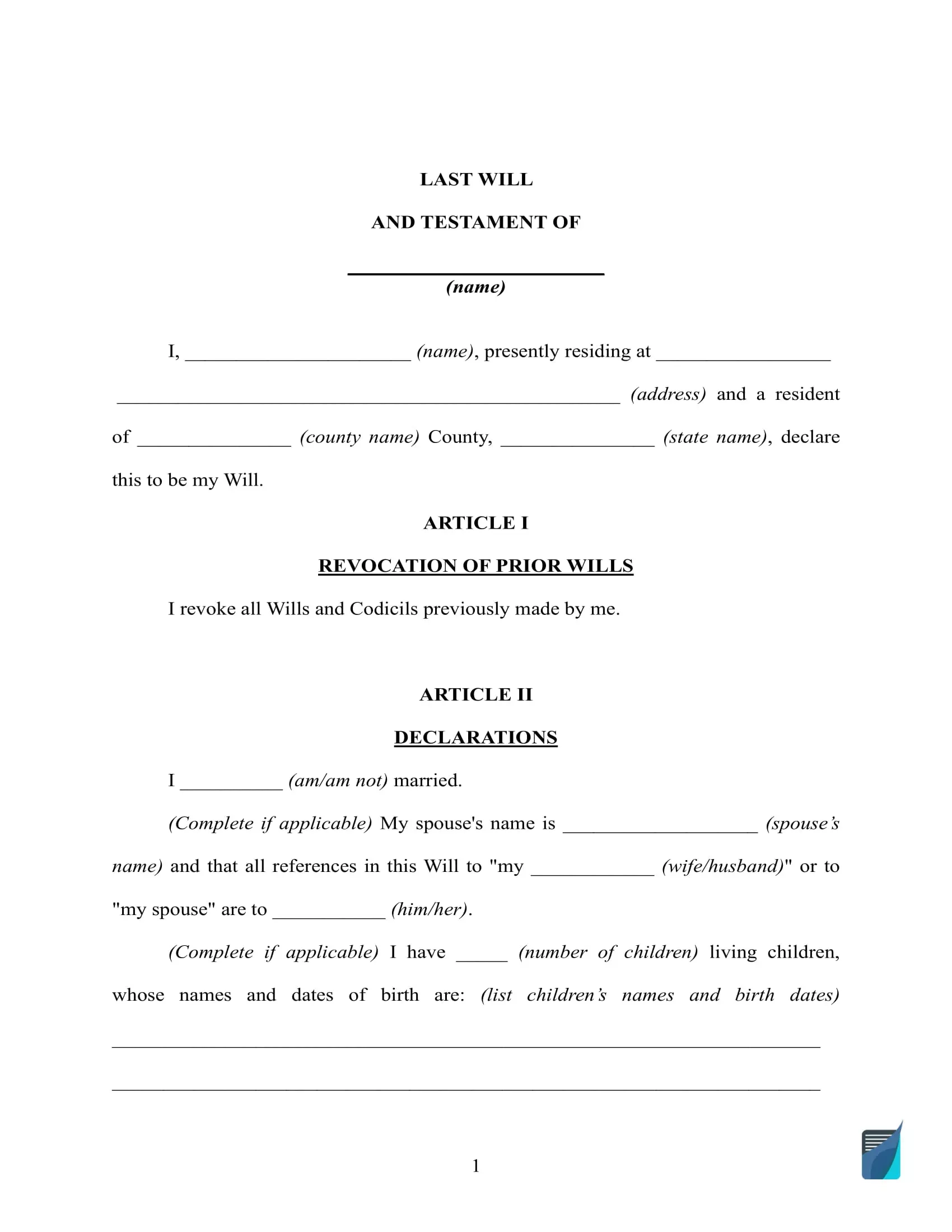 Printable Simple Last Will And Testament Forms