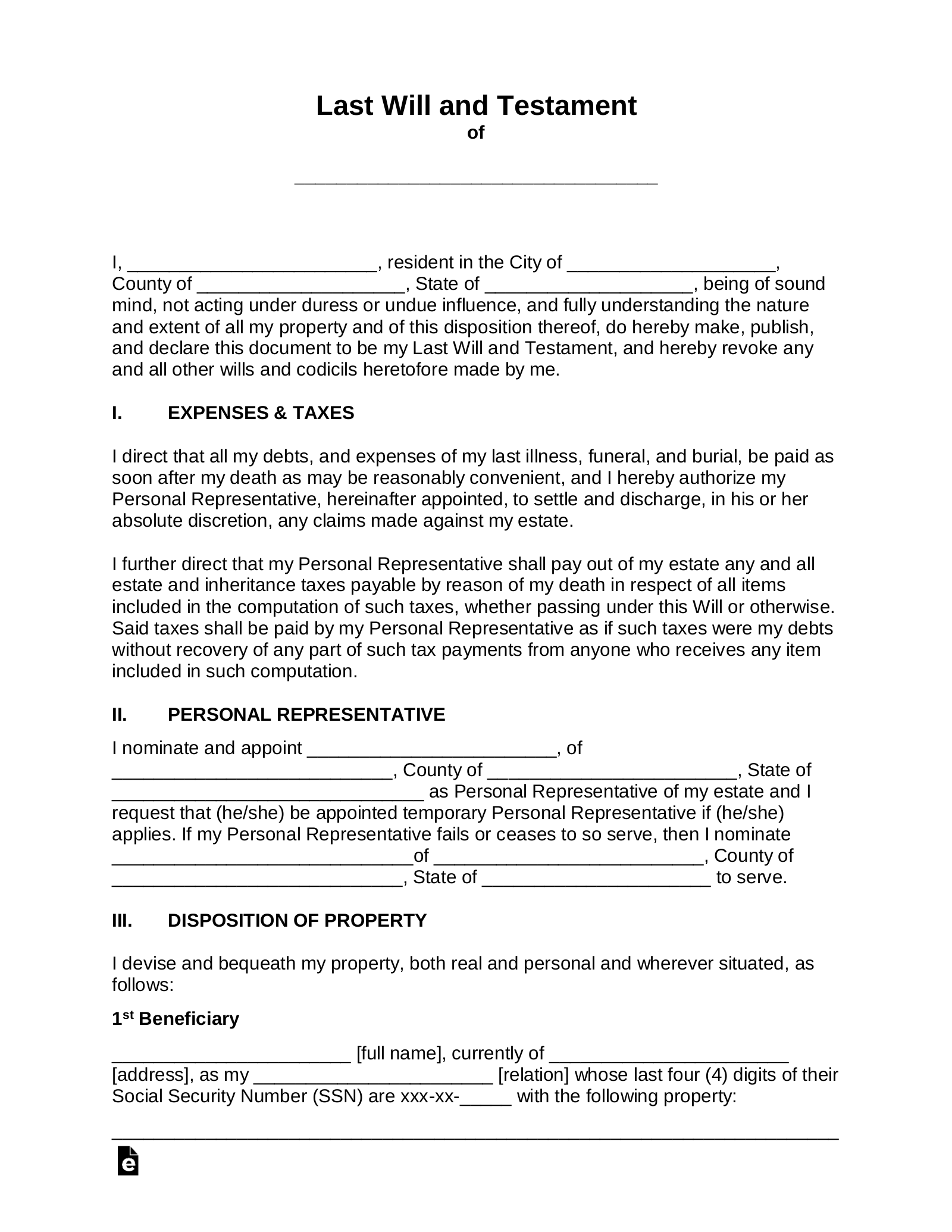 free last will and testament will pdf word eforms