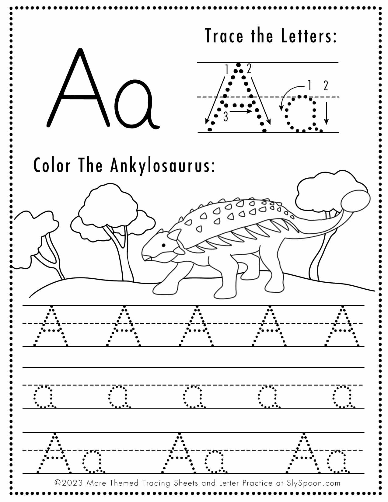 Free Letter A Tracing Worksheets Dinosaur Themed Sly Spoon