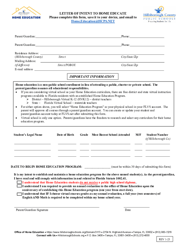 Free Letter Of Intent To Homeschool Pdf Fill Out Sign Online DocHub