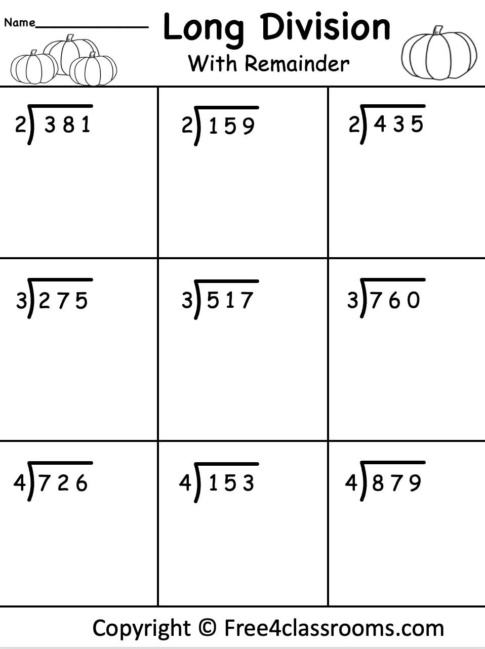 Free Long Division Worksheet 3 Digits By 1 With Remainder Halloween Free Worksheets Free4Classrooms