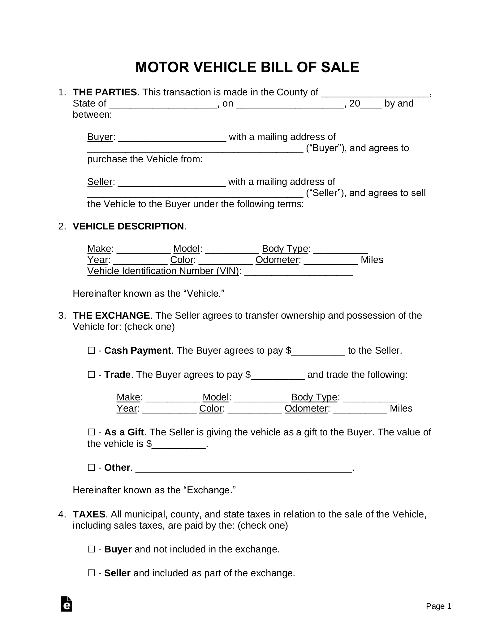 Printable Bill Of Sale Form