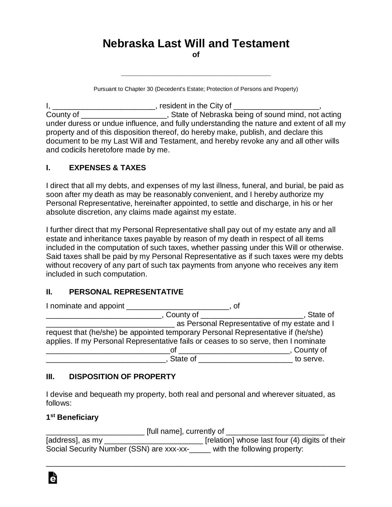 Free Nebraska Last Will And Testament Template PDF Word EForms