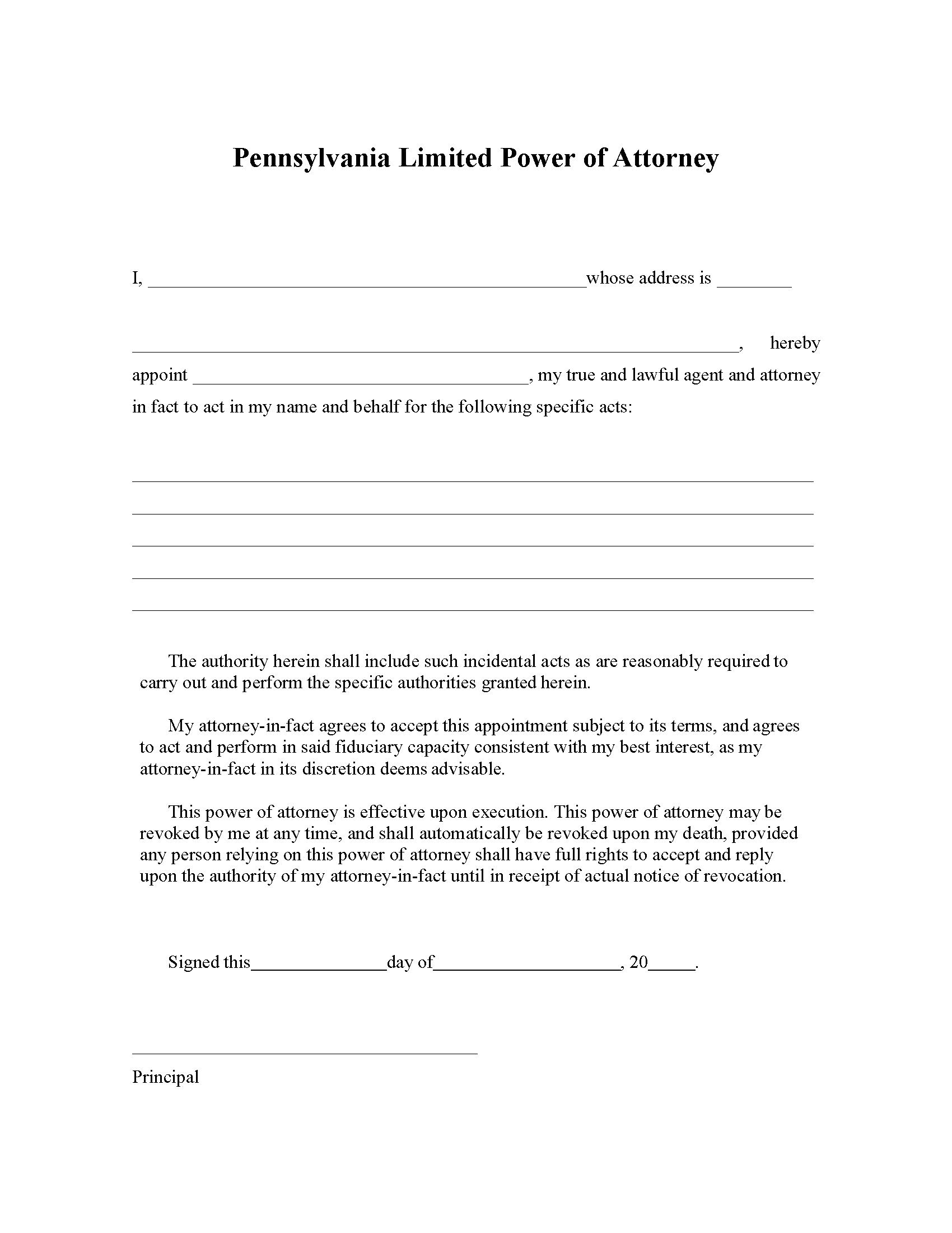 Free Pennsylvania Limited Power Of Attorney Form PDF Word EForms