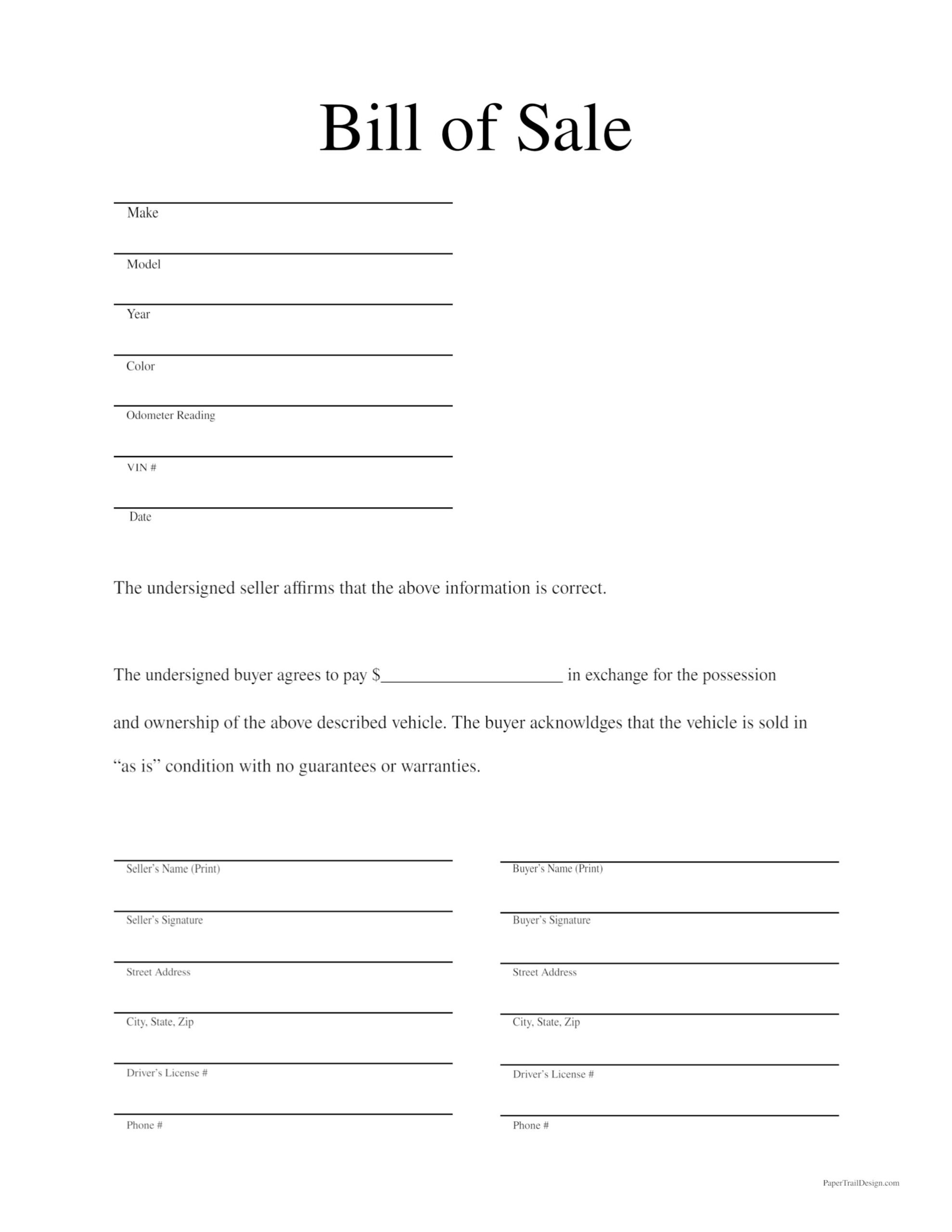 Free Printable Auto Bill Of Sale Form