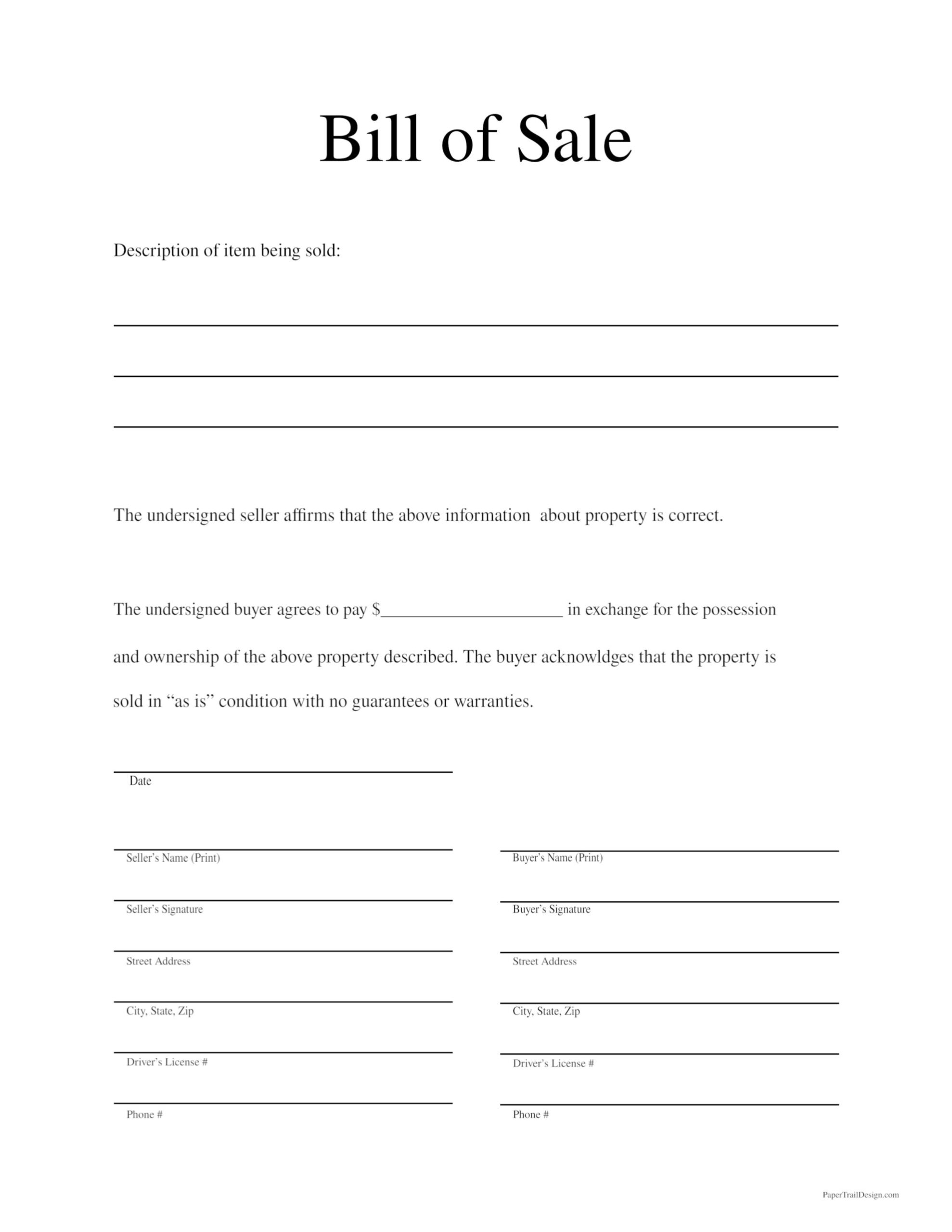 Bill Of Sale As Is Form Free Printable