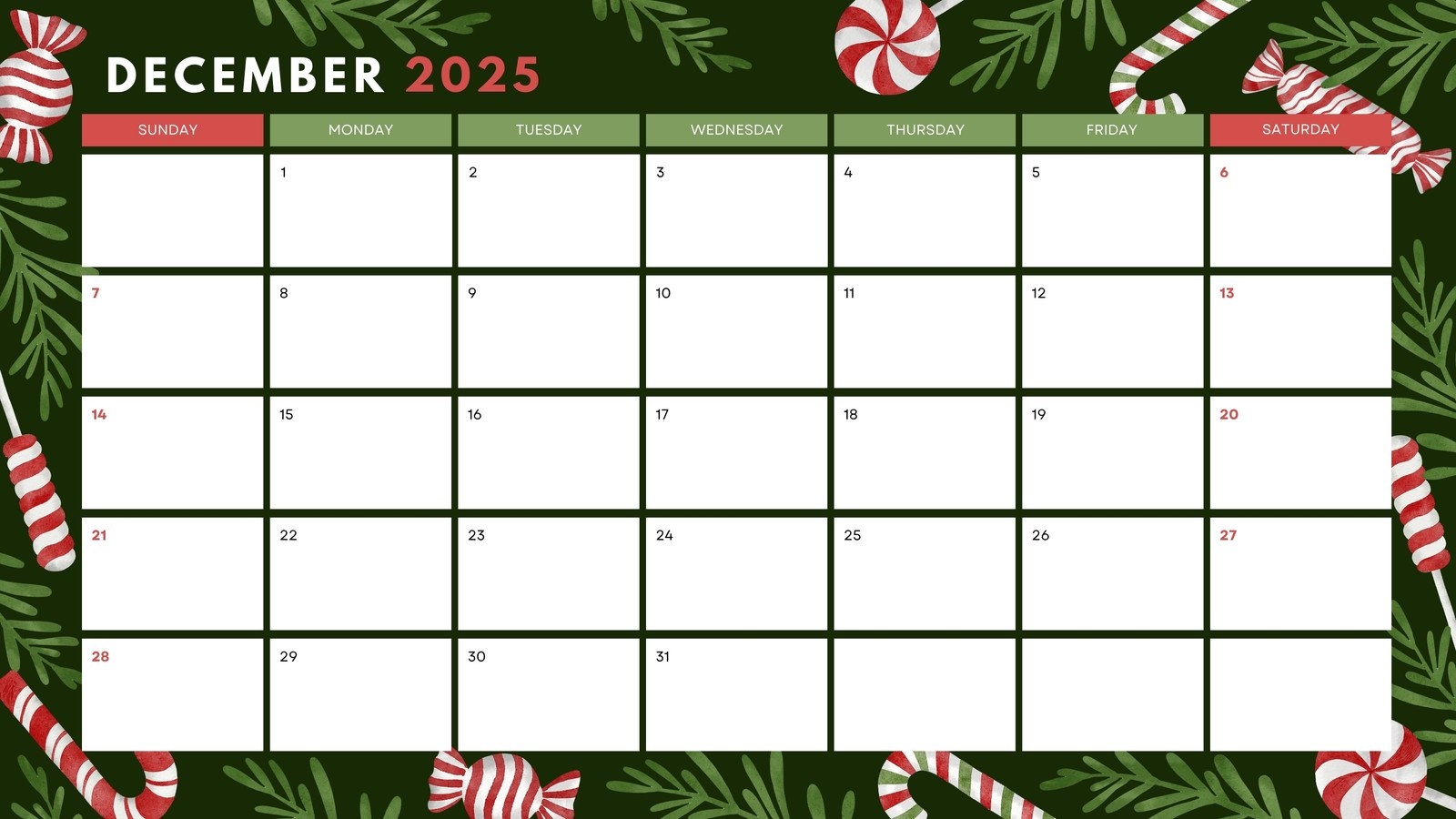 Free Printable Monthly Calendar December 2025