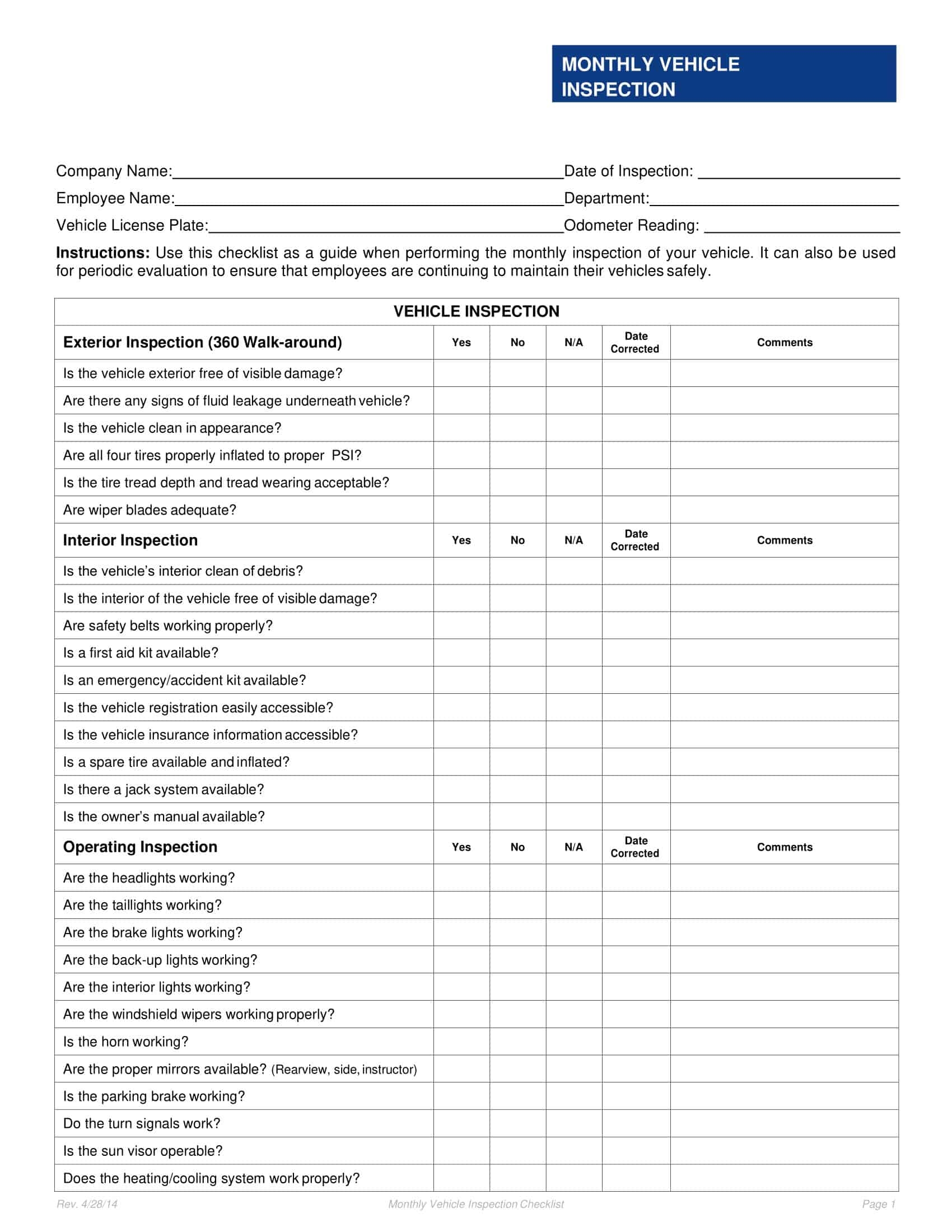Printable Truck Inspection Form Pdf