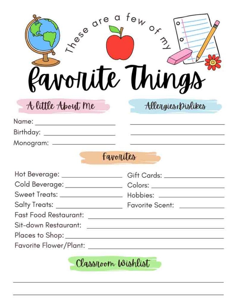Teacher Favorite Things Form Free Printable