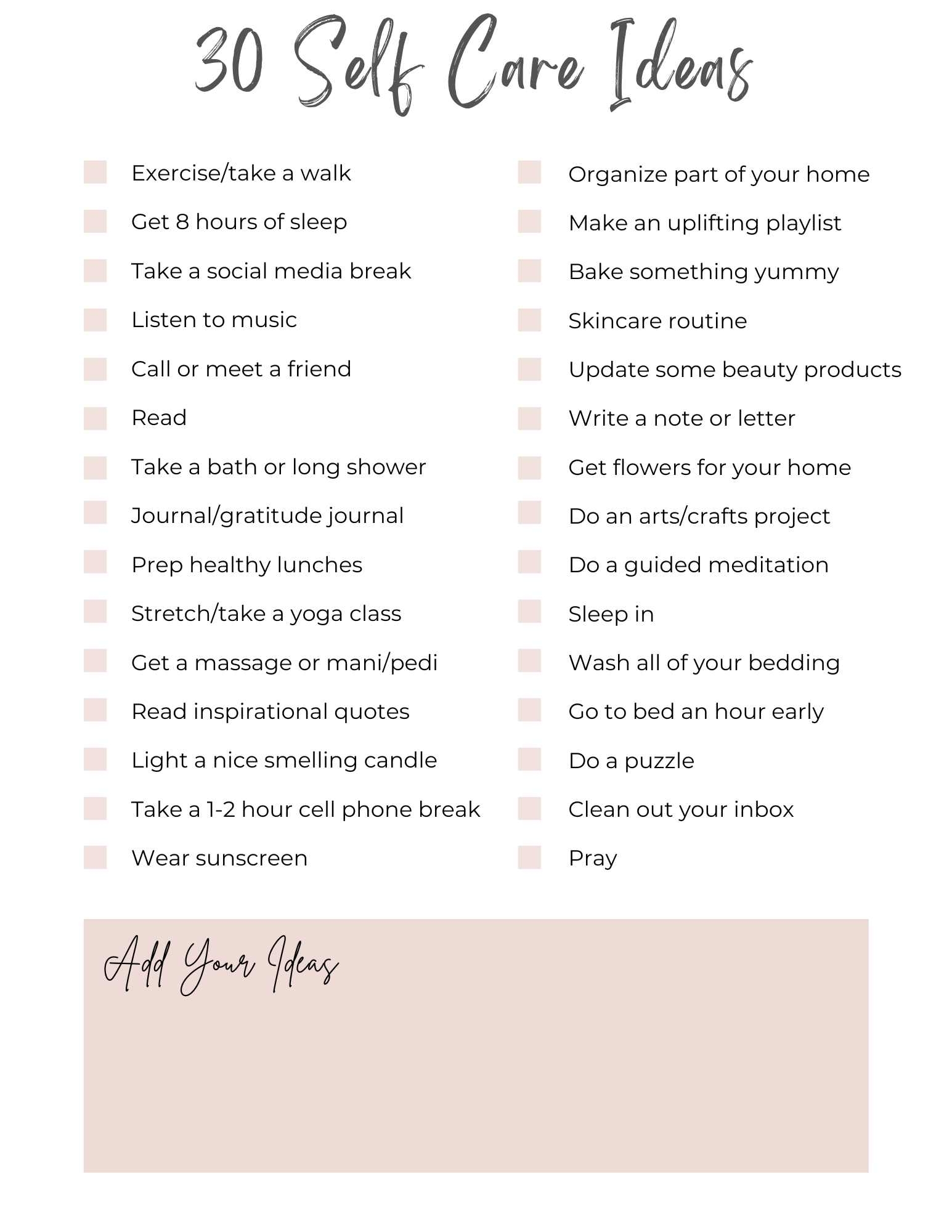 free printable weekly self care checklist customizable