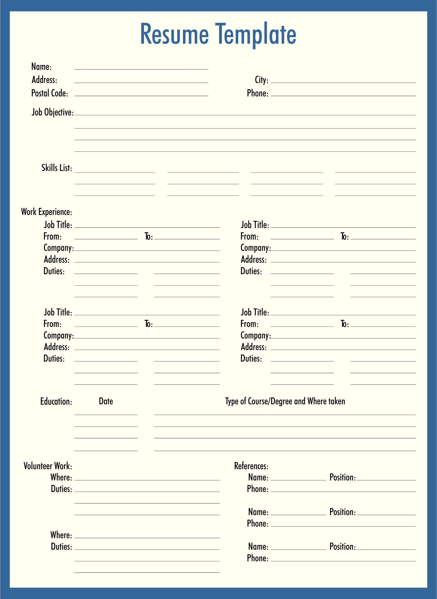 Printable Blank Resume Form