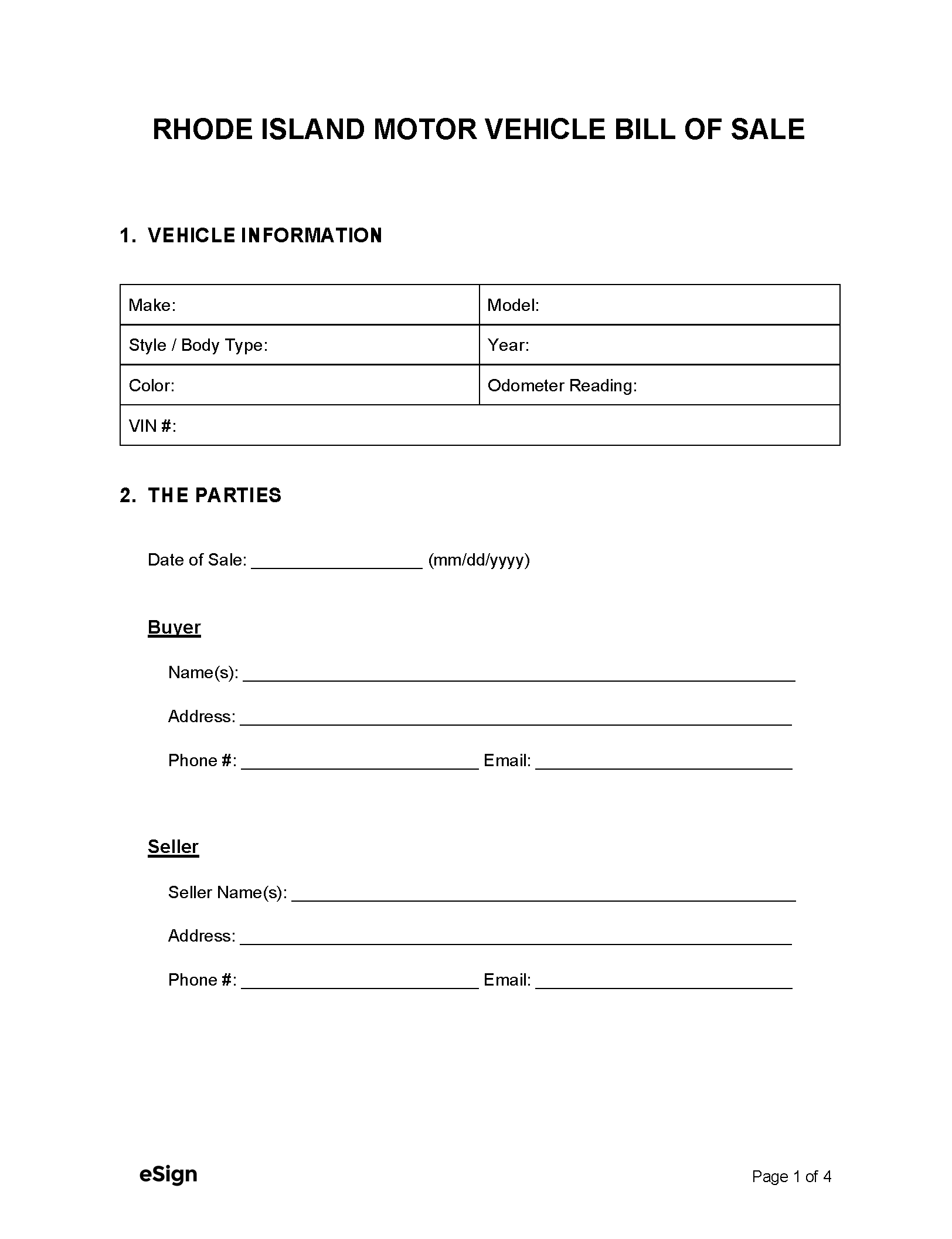 Printable Bill Of Sale Form For Car