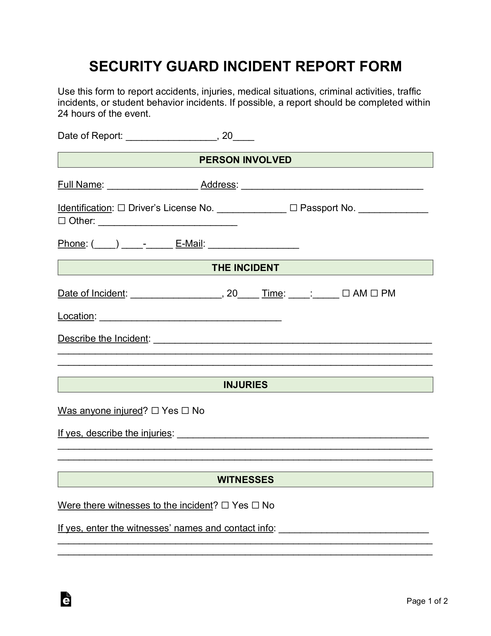 Free Security Guard Incident Report Template PDF Word EForms