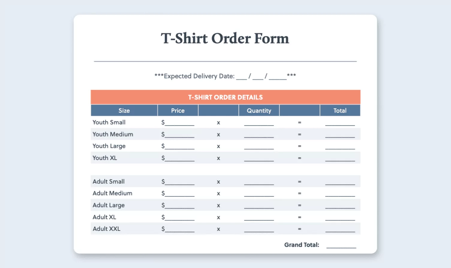 Free Printable T Shirt Order Forms