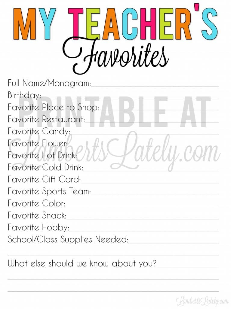 Free Teacher Favorite Things Form Editable Printable Lamberts Lately