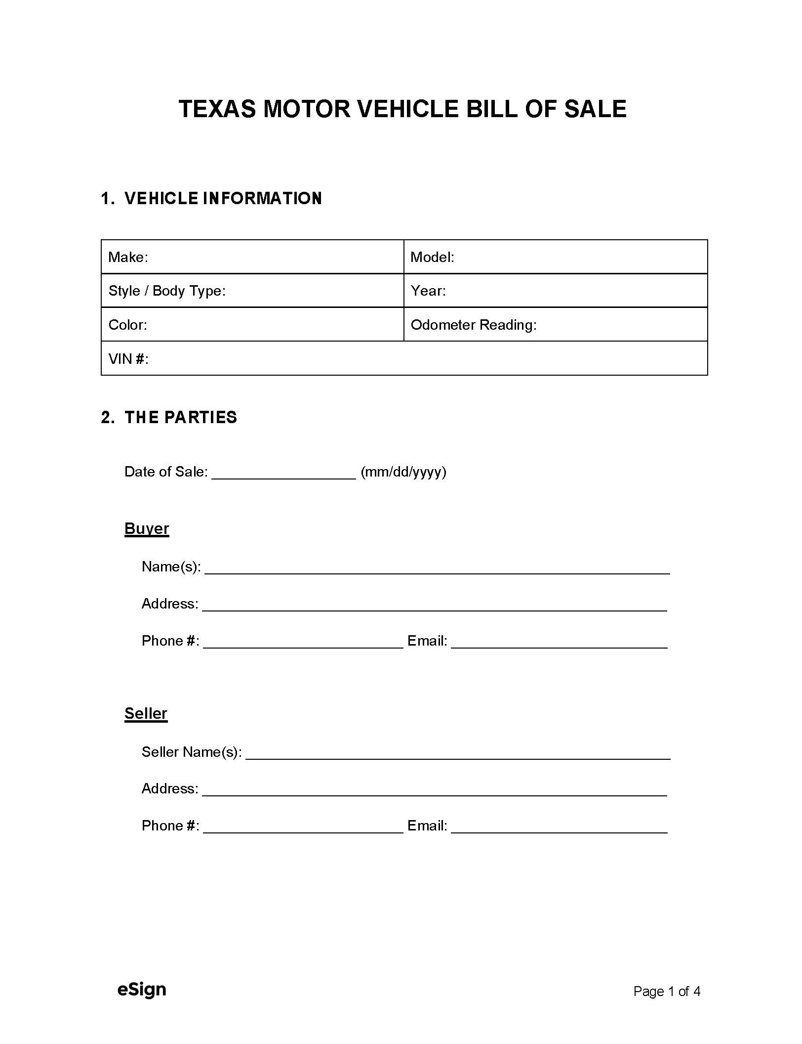 Printable Vehicle Bill Of Sale Form