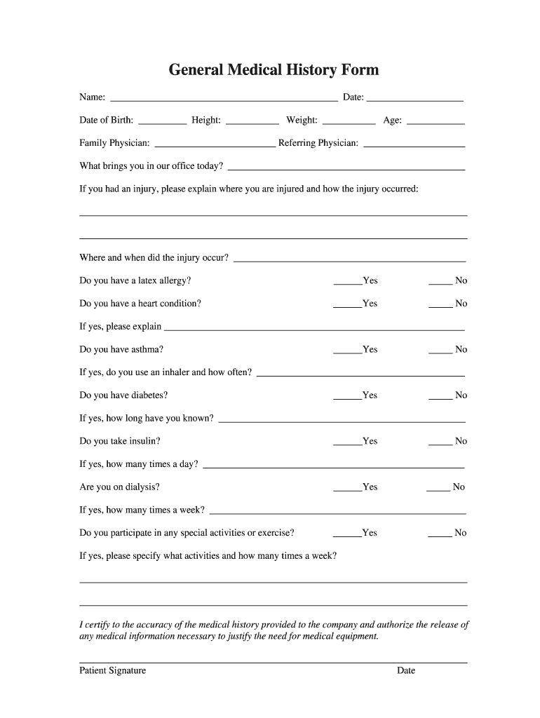 General Printable Medical History Form Template