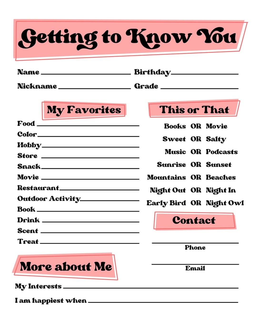 Get To Know You Worksheet Free Printable