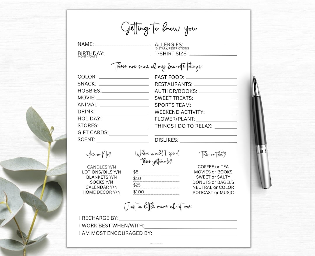 Getting To Know You Printable Coworker Questions All About Me Survey Employee Favorite Things Survey Get To Know My Team Survey Etsy
