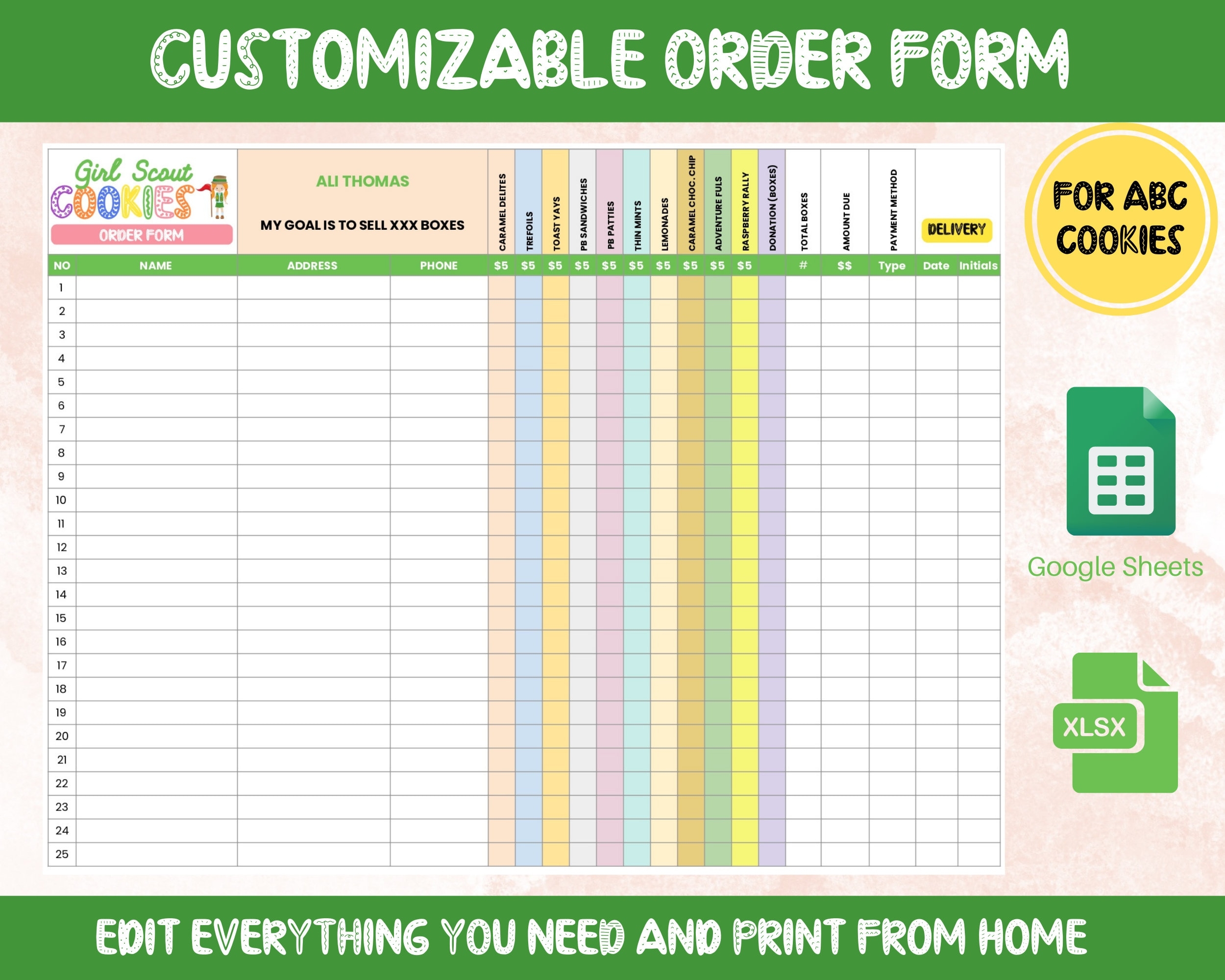 Girl Scout Cookie Order Form Template Editable With Google Sheets ABC Version Girl Scout Edit And Print 8 5X11 Instant Download Etsy Finland