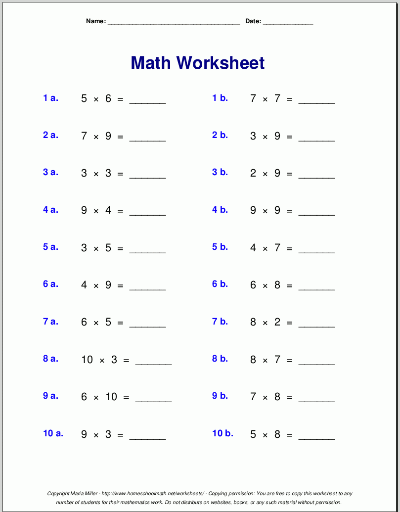 Free Multiplication Worksheets Printable