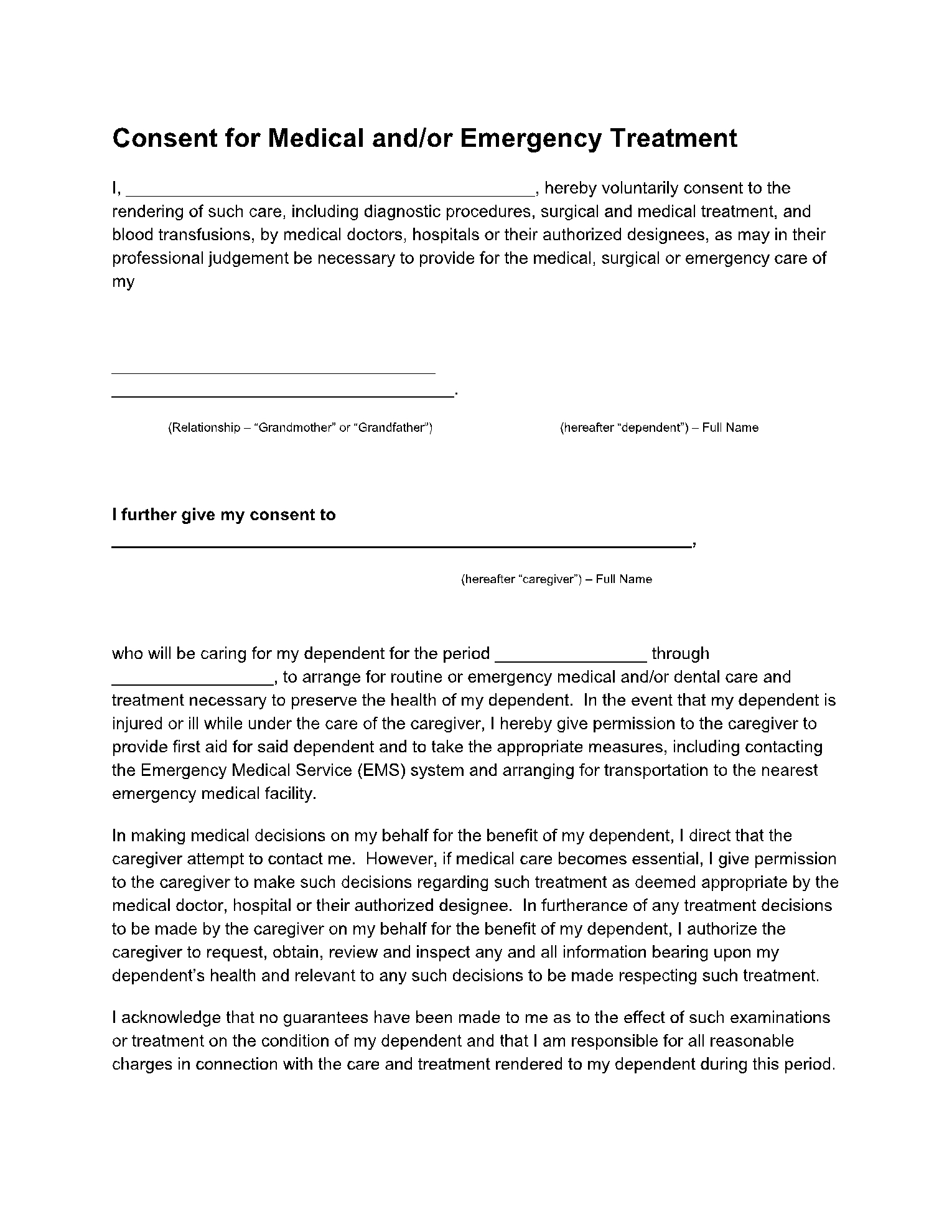 Grandparent Medical Consent Form Printable