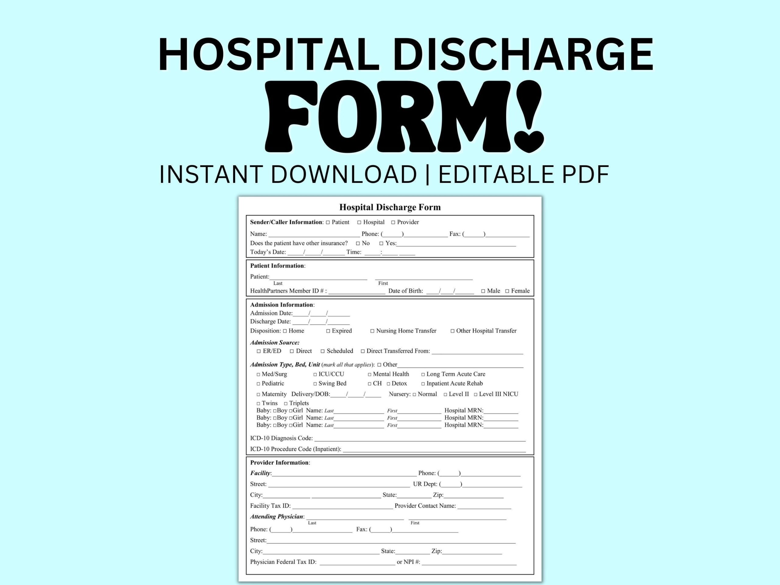 Hospital Discharge Form Editable PDF Template For Medical Offices Doctors Providers Instant Download Patient Medical Form PDF Etsy Israel