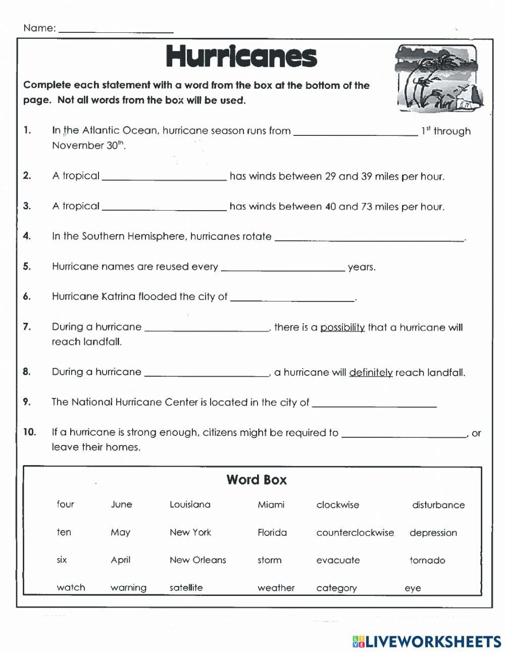Hurricanes Online Activity For 7th Live Worksheets Worksheets Library