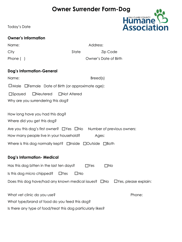Free Printable Animal Surrender Form