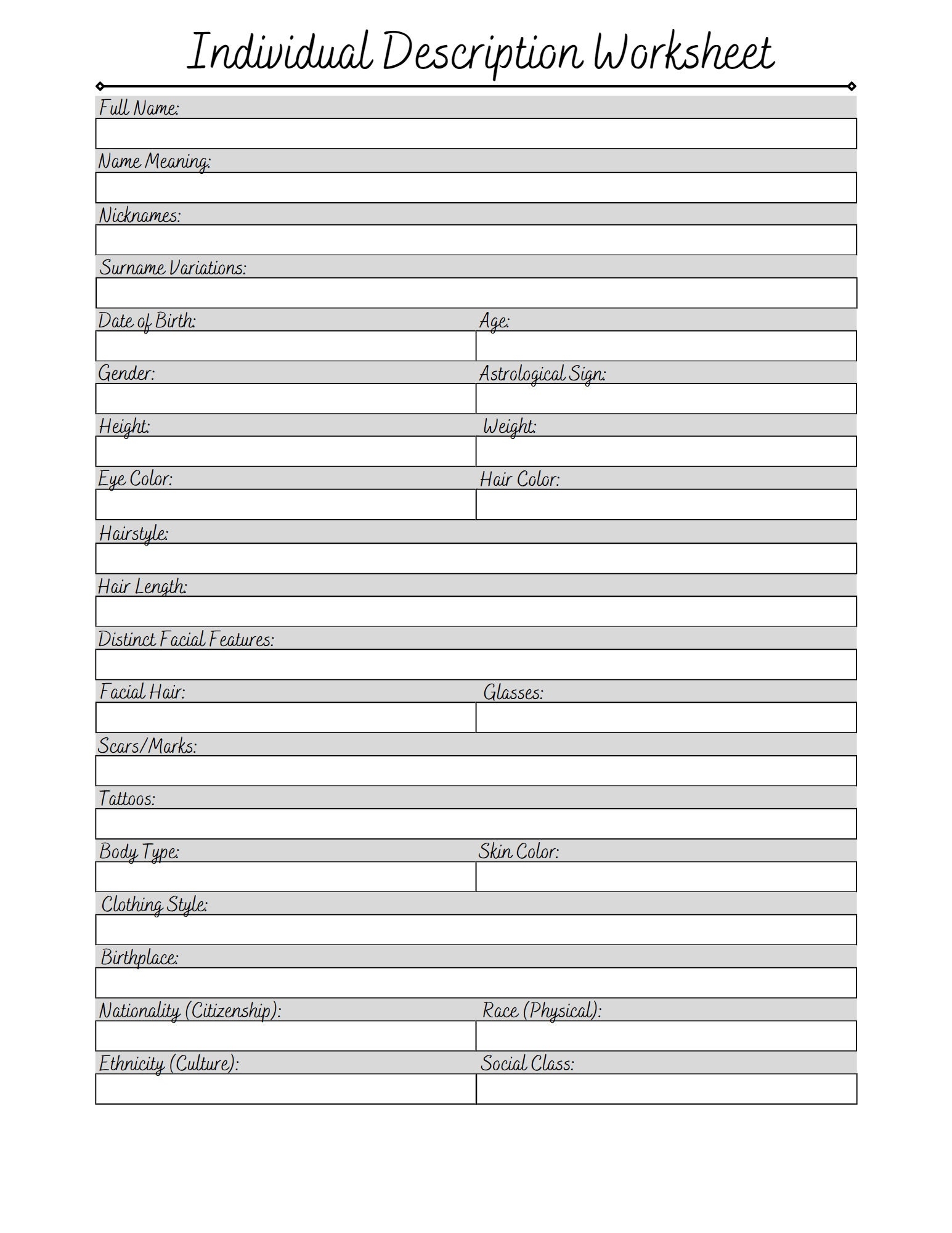 Individual Description Page Genealogy Worksheet Ancestry Printable Family Tree Ancestor Research Digital Download Etsy