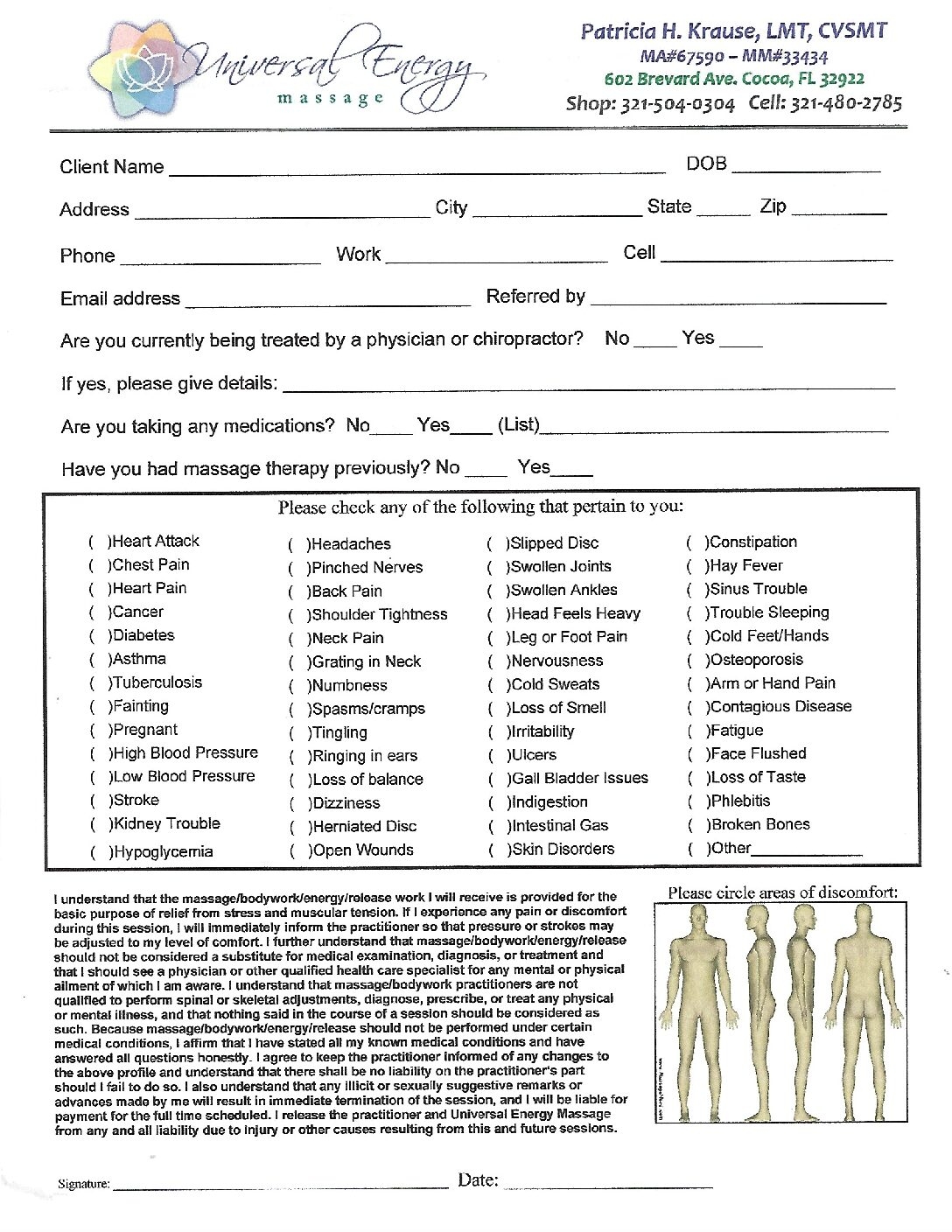 Intake Forms Universal Energy Massage