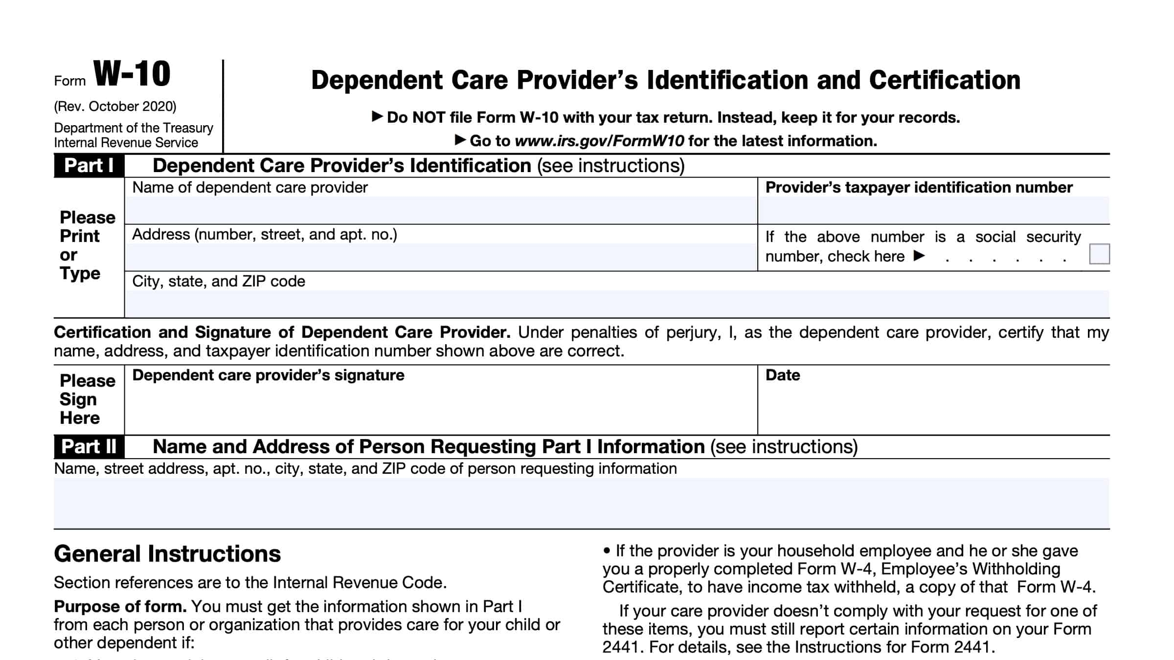 IRS Form W 10 Instructions Care Provider Identification