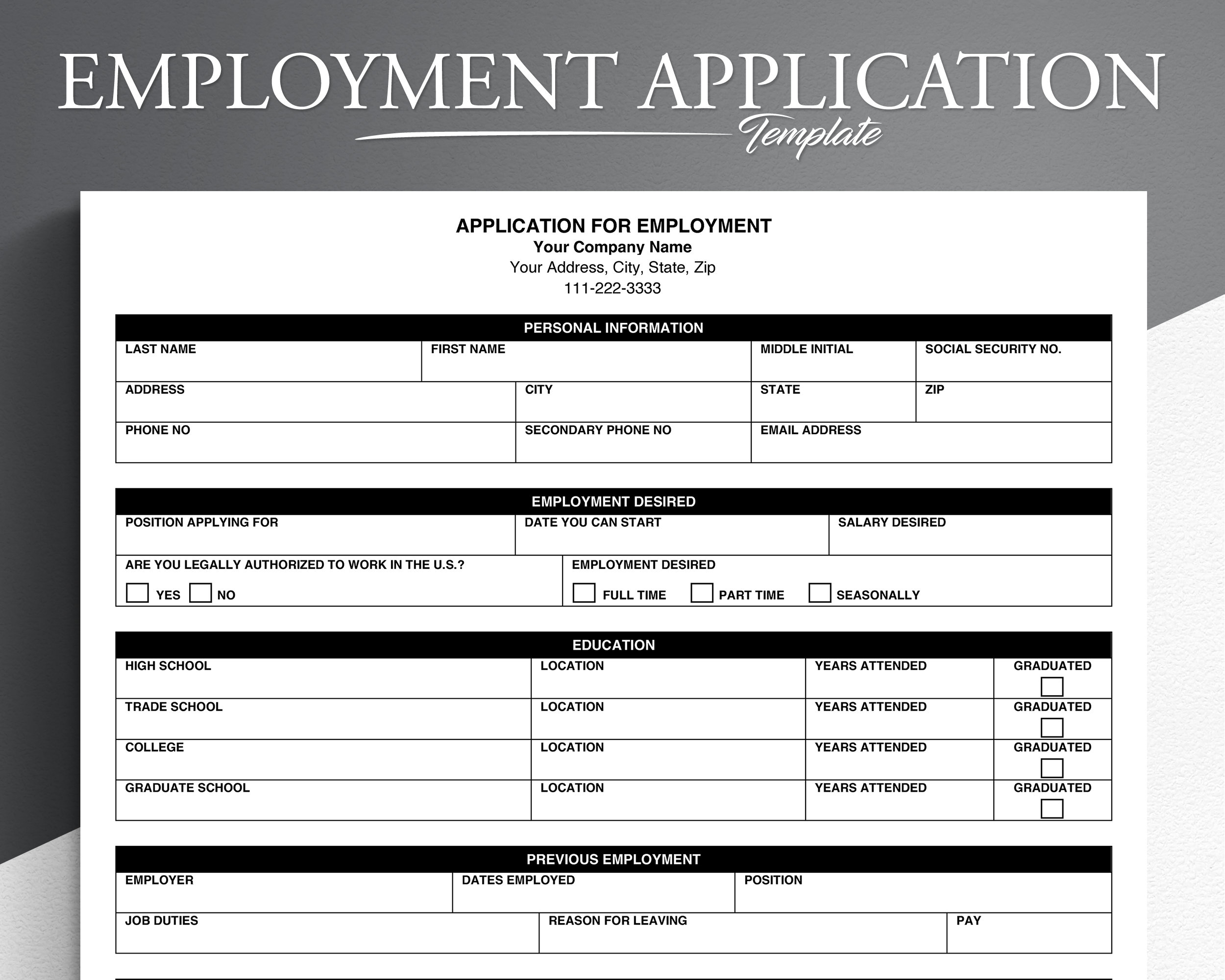 Printable Blank Job Application Form Word Document