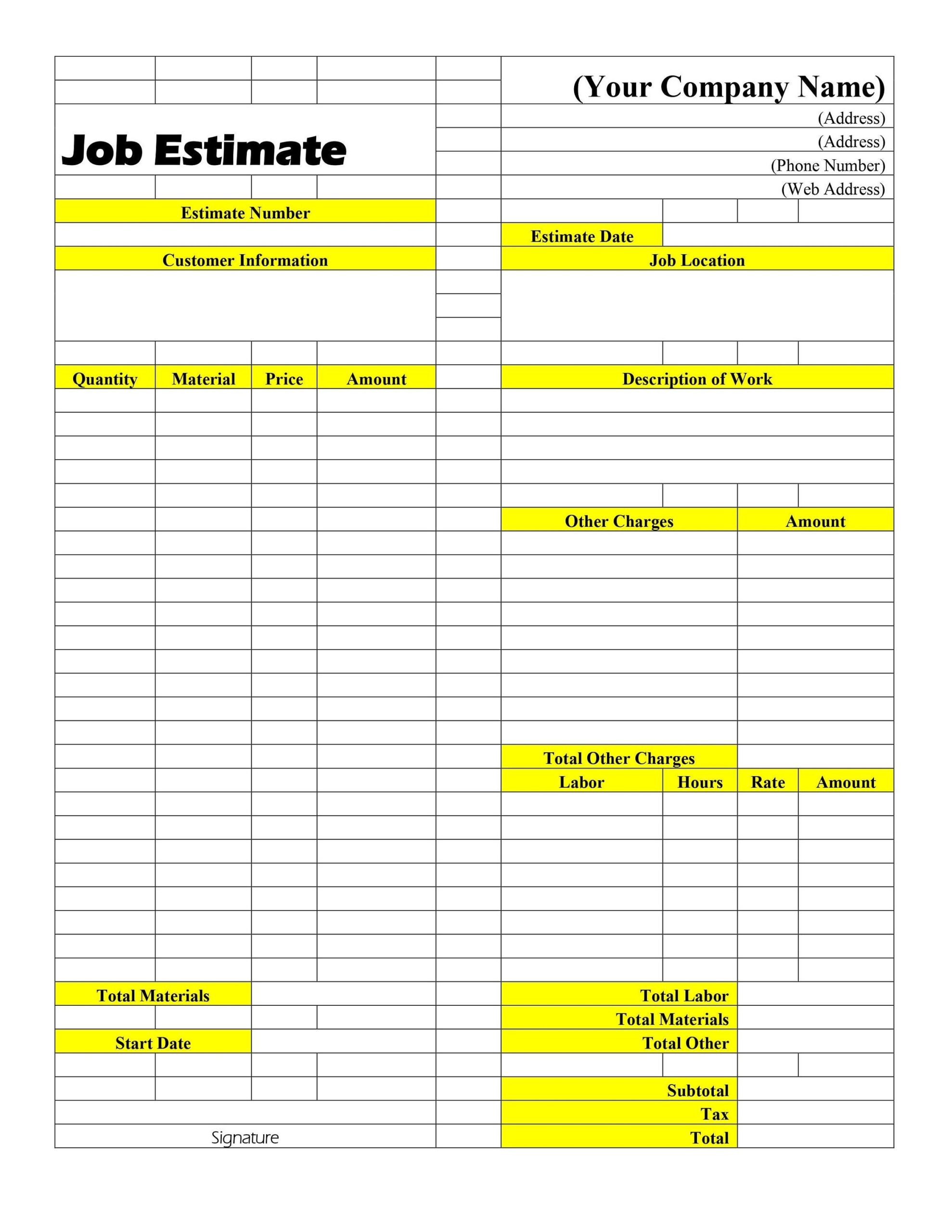 Job Estimate Templates PRINTABLE FORM 8 5 By 11 Letter Document Etsy