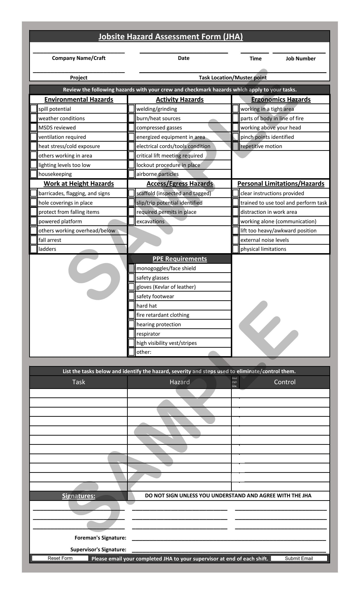 Printable Hazard Assessment Form